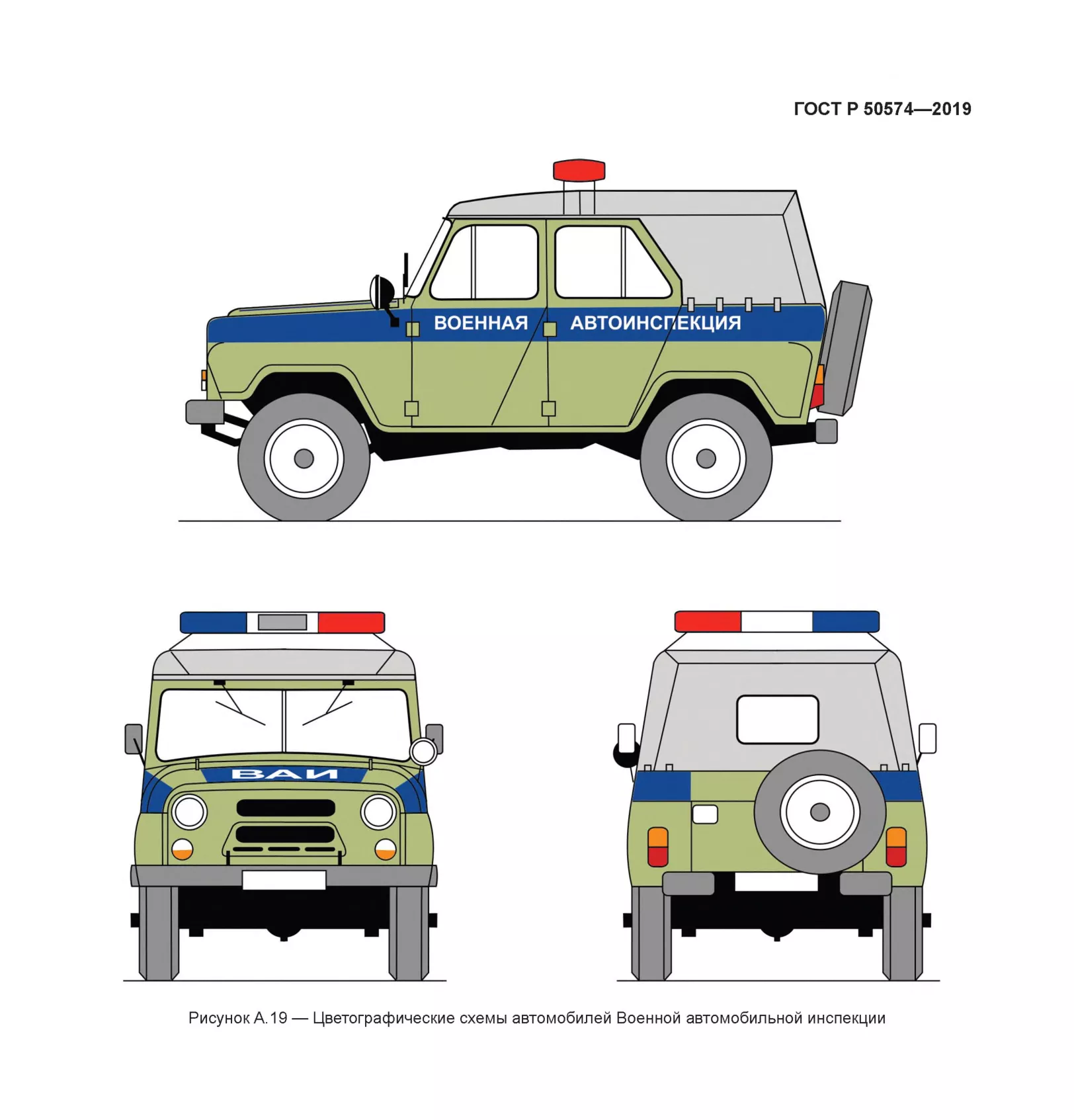 Рисунок А. 19 — Цветографические схемы автомобилей Военной автомобильной инспекции